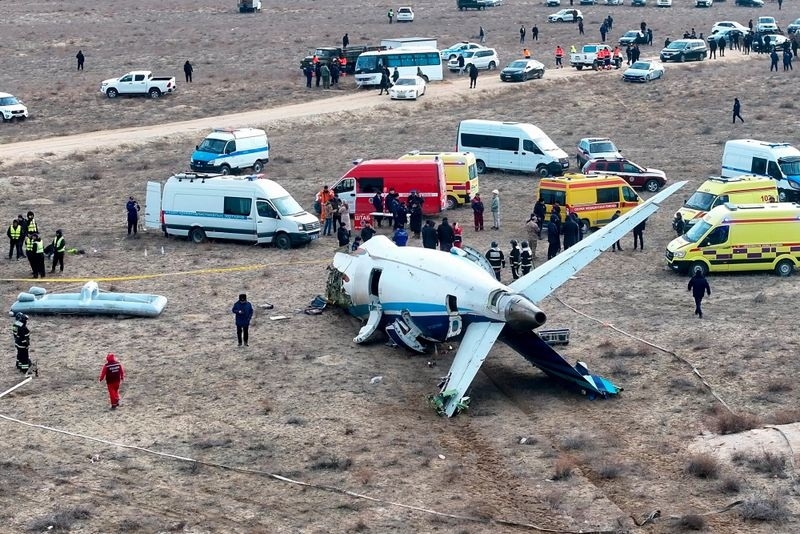 The wreckage of Azerbaijan Airlines Embraer 190 lays